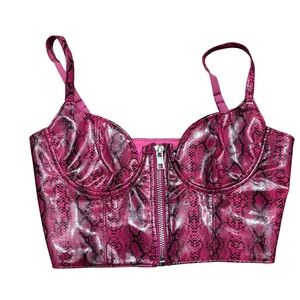 Dolls Kill Hot Pink Snakeskin Faux Leather Zip Up Bustier Top Size Small